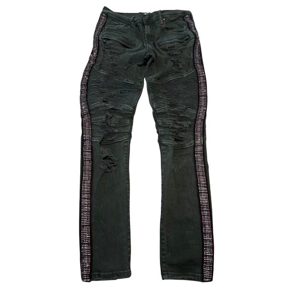 Preme Other - Preme Mens Black Distressed Jeans With Rhinestone Stripes 32W 32L Moto